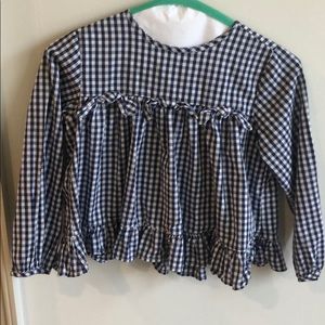 Navy/white gingham shirt w ruffle & button back